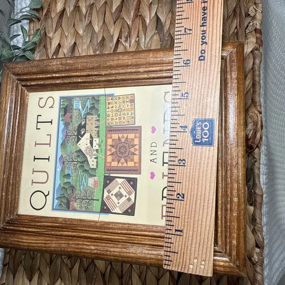 Quilts & Friends Picture Glass Top Keepsake Box Wood Sewing Jewelry Storage Vtg